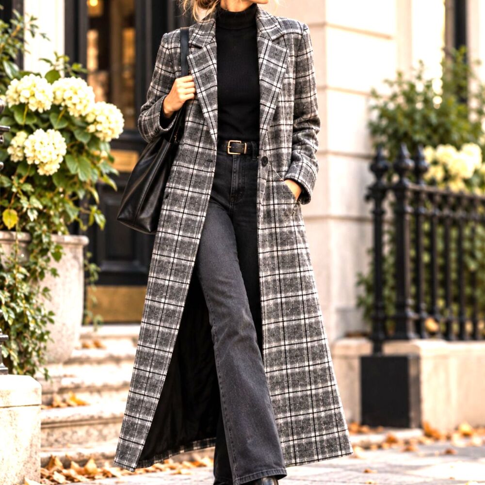 NWOT Vintage Style Plaid Wool Blend Maxi Duster Trench Dark Academia Bernardo